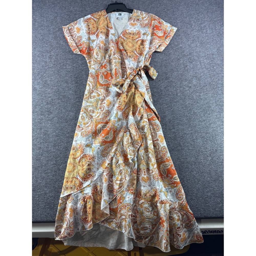 Vicky and Lucas Orange Paisley Wrap Dress V-Neck Ruffle High Low Hem Size Medium